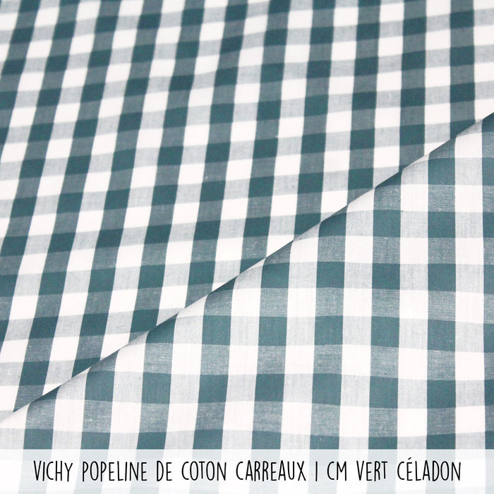 Tissu popeline de coton VICHY vert céladon & blanc à carreaux 1cm - OEKO-TEX® - tissuspapi