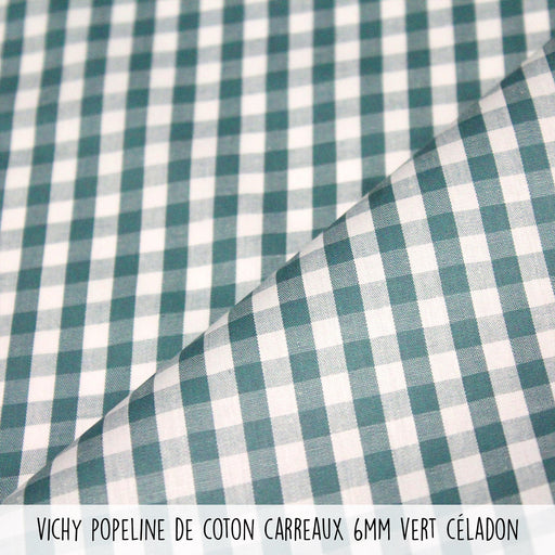 Tissu popeline de coton VICHY vert céladon & blanc à carreaux 6mm - OEKO-TEX® - tissuspapi
