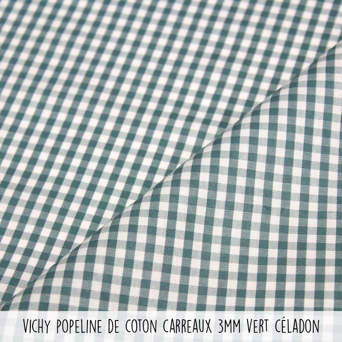 Tissu popeline de coton VICHY vert céladon & blanc à carreaux 3mm - OEKO-TEX® - tissuspapi