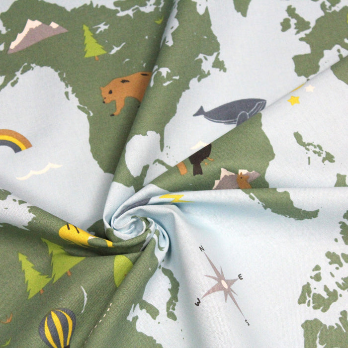Tissu de coton demi-natté planisphère carte du monde et animaux, fond bleu ciel - Oeko-Tex