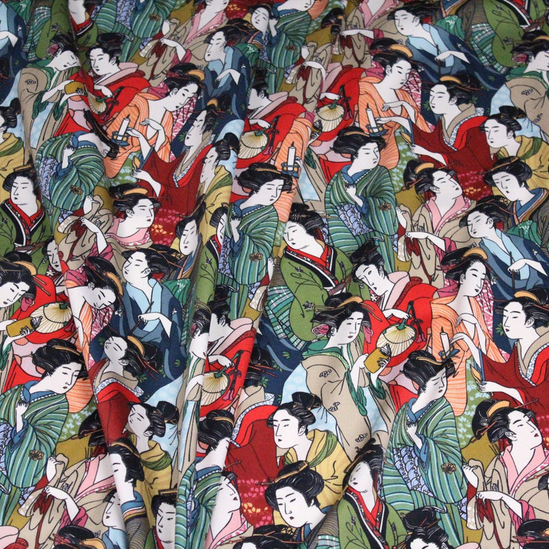 Tissu gabardine coton imprimée motif japonais GEISHA - 280gr - m2 - TissusPapi.com