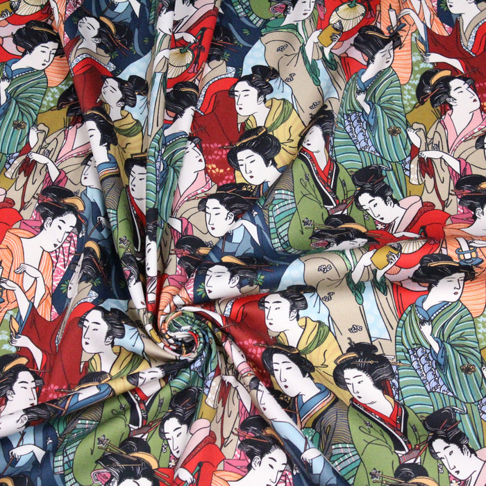 Tissu gabardine de coton LUXE - sergé de coton au motif japonais de Geisha, multicolore - 280gr-m2 - tissuspapi