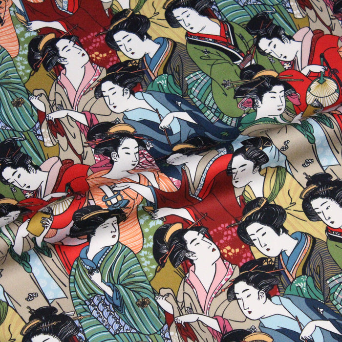 Tissu gabardine de coton LUXE / sergé de coton au motif japonais de Geisha, multicolore - 280gr/m2 - Fabrication française