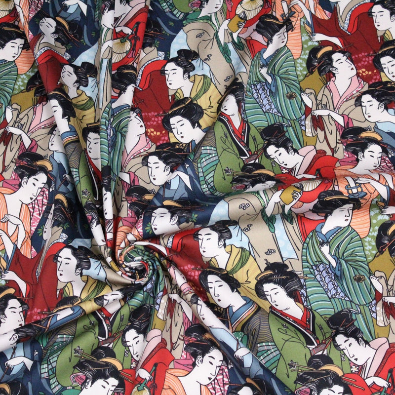 Tissu gabardine coton imprimée motif japonais GEISHA - 280gr - m2 - TissusPapi.com
