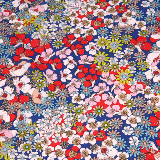 Tissu popeline de viscose aux fleurs des champs rétro, fond bleu France - Fabrication française - OEKO-TEX® - tissuspapi
