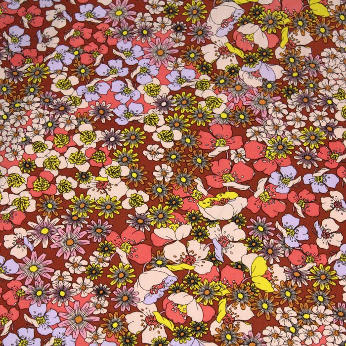 Tissu popeline de viscose aux fleurs des champs rétro, fond rouge tomette - Fabrication française - OEKO-TEX® - tissuspapi