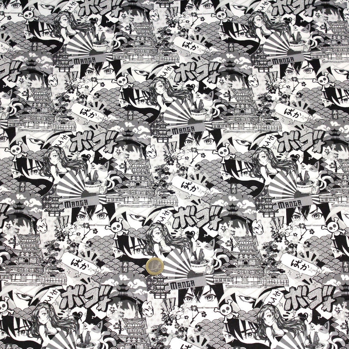 Tissu de coton motif japonais MANGA, aux personnages de manga & culture japonaise, noir & blanc - OEKO-TEX®