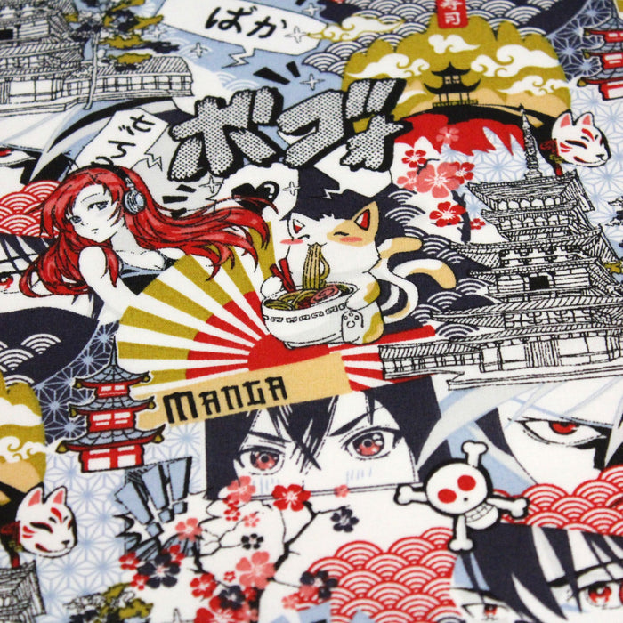 Tissu de coton motif japonais MANGA, aux personnages de manga & culture japonaise, multicolore - OEKO-TEX®