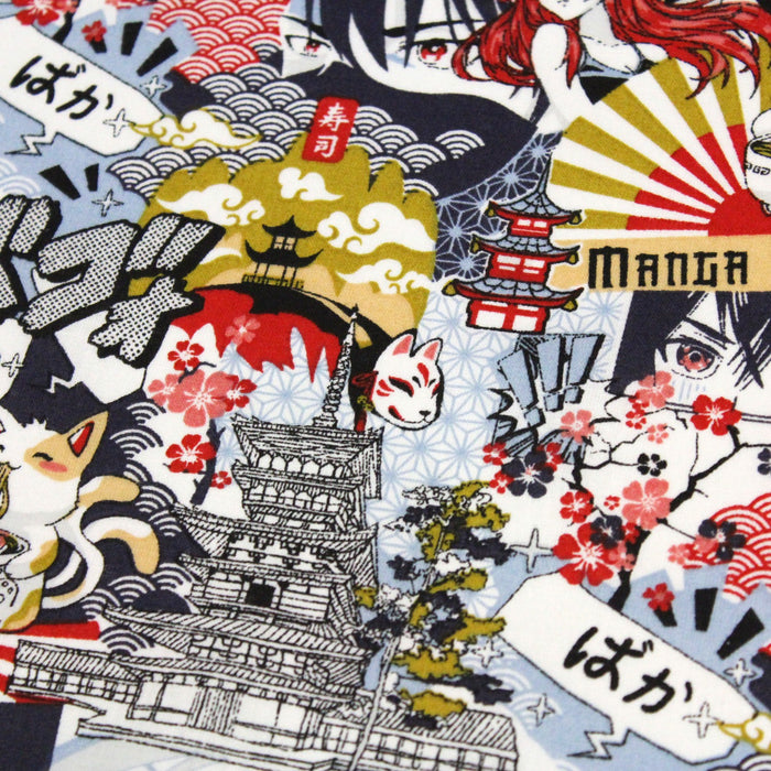 Tissu de coton motif japonais MANGA, aux personnages de manga & culture japonaise, multicolore - OEKO-TEX® - tissuspapi