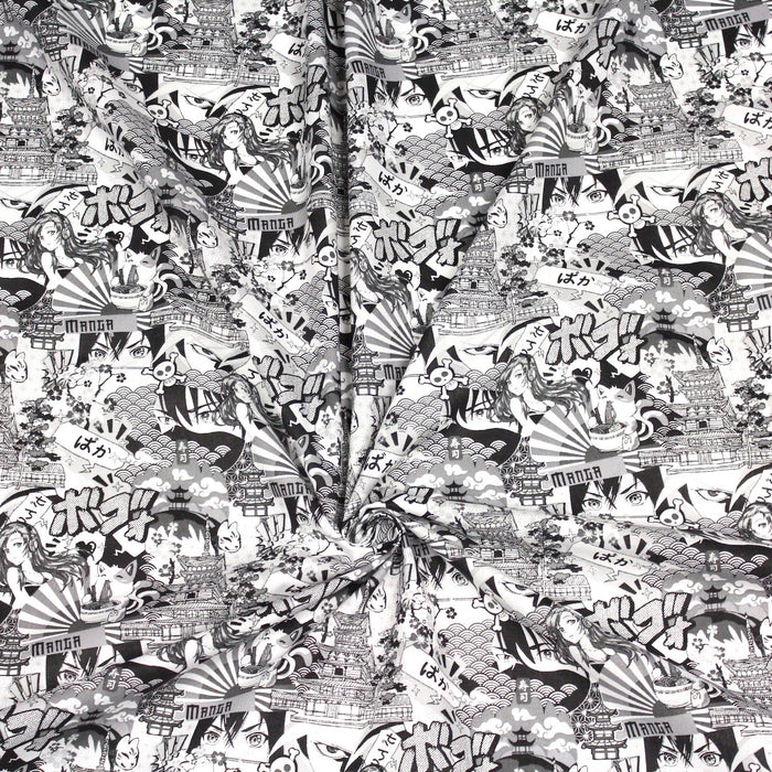 Tissu de coton motif japonais MANGA, aux personnages de manga & culture japonaise, noir & blanc - OEKO-TEX® - tissuspapi