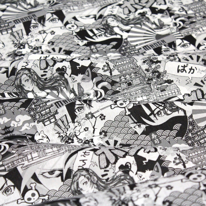 Tissu de coton motif japonais MANGA, aux personnages de manga & culture japonaise, noir & blanc - OEKO-TEX® - tissuspapi