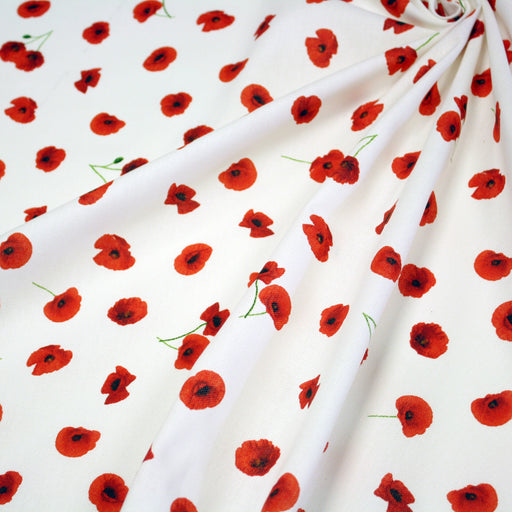 Tissu de coton demi-natté blanc aux coquelicots rouges - Oeko-Tex - tissuspapi