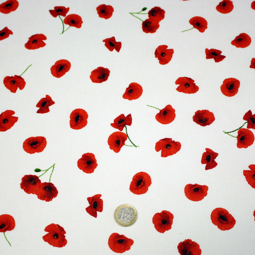 Tissu de coton demi-natté blanc aux coquelicots rouges - Oeko-Tex - tissuspapi