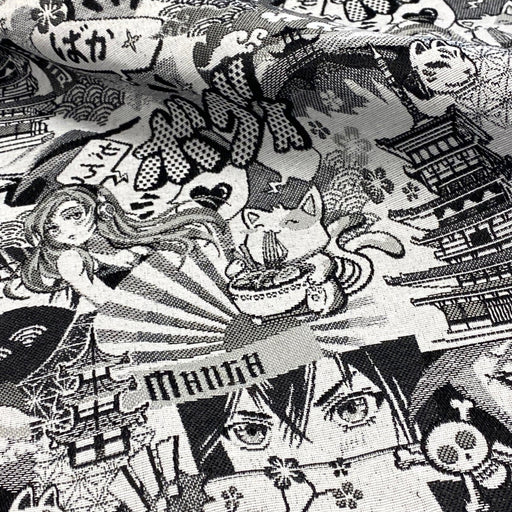 Tissu jacquard motif japonais MANGA, aux personnages de manga & culture japonaise, noir & blanc - OEKO-TEX® - Fabriqué en France - tissuspapi