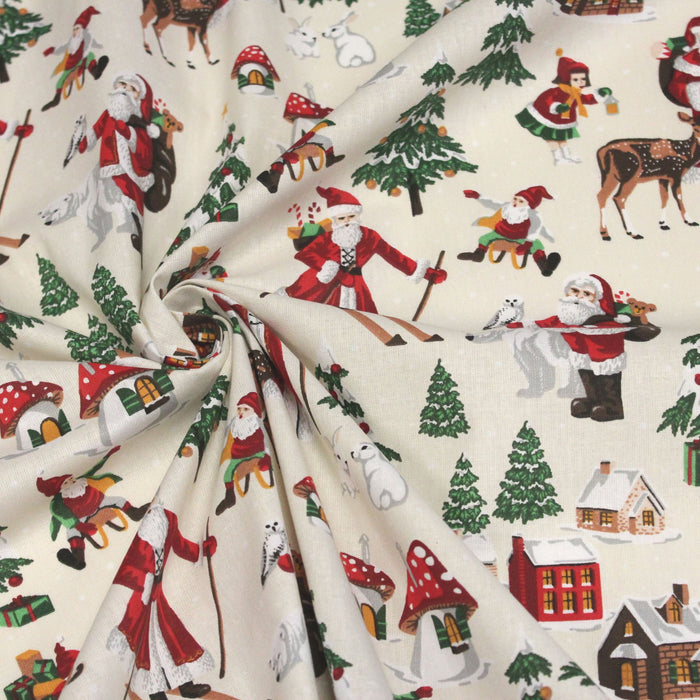 Tissu de coton de Noël vintage, fond écru - Oeko-Tex