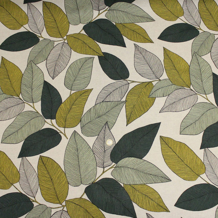 Tissu de coton demi-natté ameublement façon lin feuilles vert sauge & jaunes, fond lin - tissuspapi