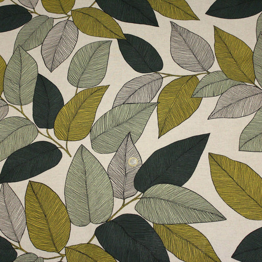 Tissu de coton demi-natté ameublement façon lin feuilles vert sauge & jaunes, fond lin