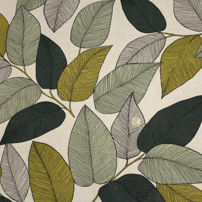 Tissu de coton demi-natté ameublement façon lin feuilles vert sauge & jaunes, fond lin - tissuspapi