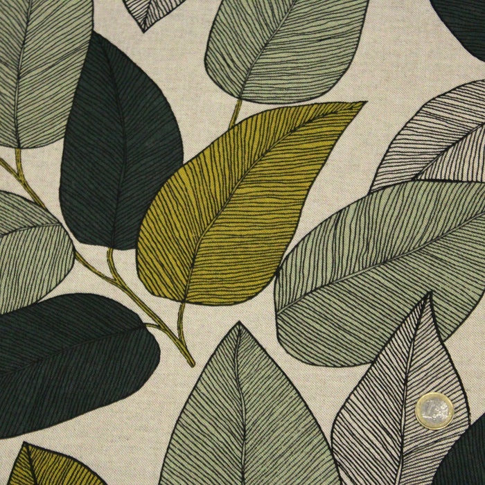 Tissu de coton demi-natté ameublement façon lin feuilles vert sauge & jaunes, fond lin - tissuspapi