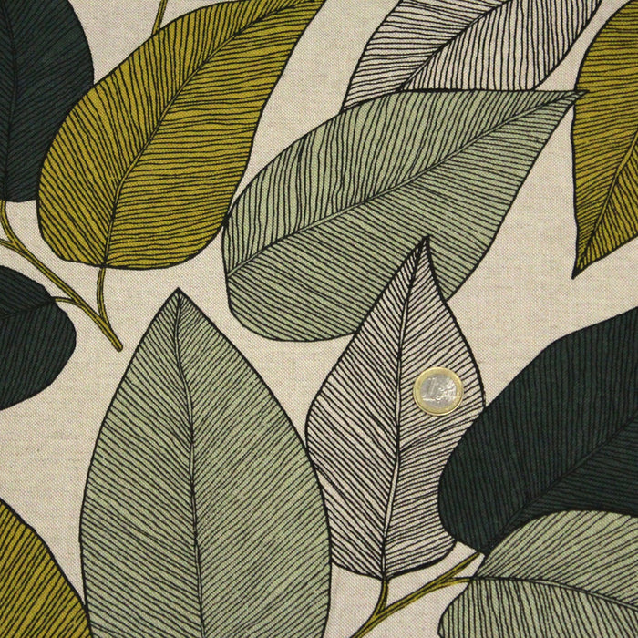 Tissu de coton demi-natté ameublement façon lin feuilles vert sauge & jaunes, fond lin