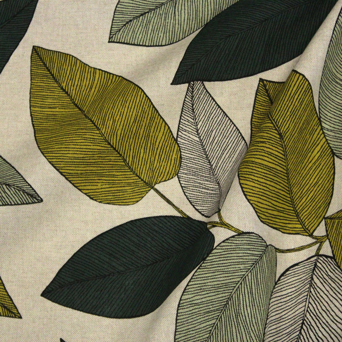 Tissu de coton demi-natté ameublement façon lin feuilles vert sauge & jaunes, fond lin - tissuspapi