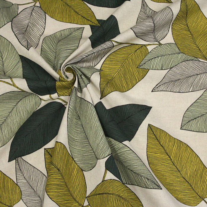Tissu de coton demi-natté ameublement façon lin feuilles vert sauge & jaunes, fond lin