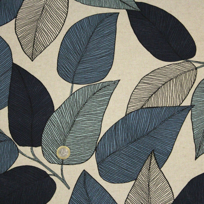 Tissu de coton demi-natté ameublement façon lin feuilles bleues, fond lin
