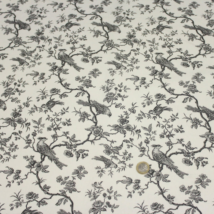 Tissu de coton toile de Jouy aux oiseaux mésanges, toile à drap grande largeur 280cm, fond écru & motif gris - Oeko-Tex - tissuspapi