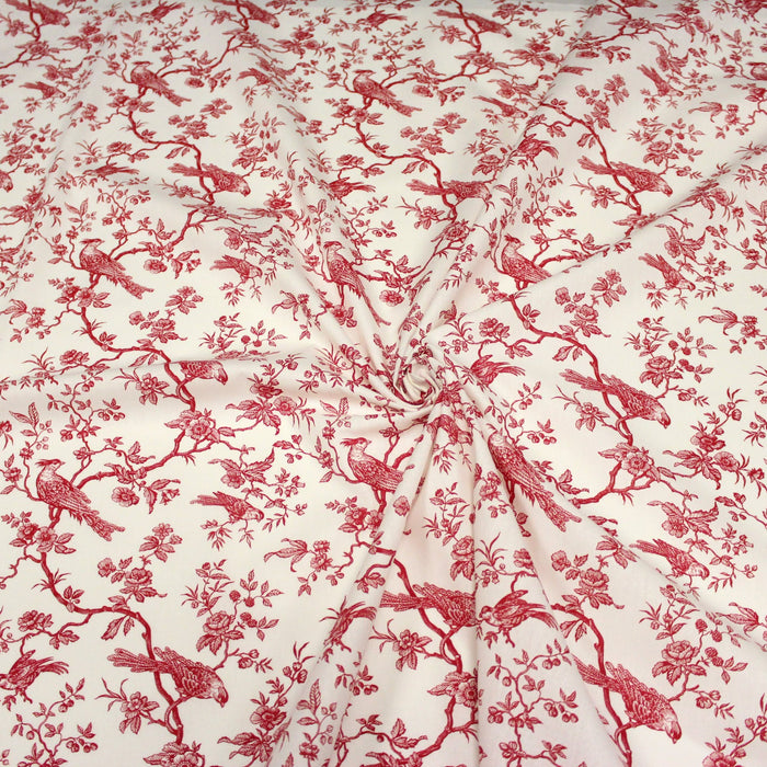 Tissu de coton toile de Jouy aux oiseaux mésanges, toile à drap grande largeur 280cm, fond écru & motif rouge - Oeko-Tex