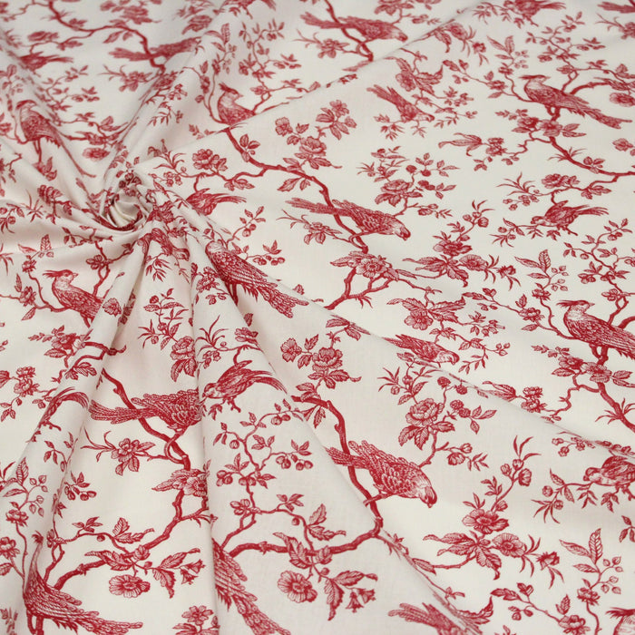Tissu de coton toile de Jouy aux oiseaux mésanges, toile à drap grande largeur 280cm, fond écru & motif rouge - Oeko-Tex - tissuspapi