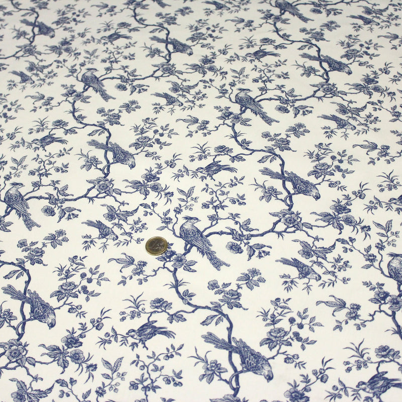 Tissu de coton toile de Jouy aux oiseaux mésanges, toile à drap grande largeur 280cm, fond écru & motif bleu - Oeko-Tex - tissuspapi