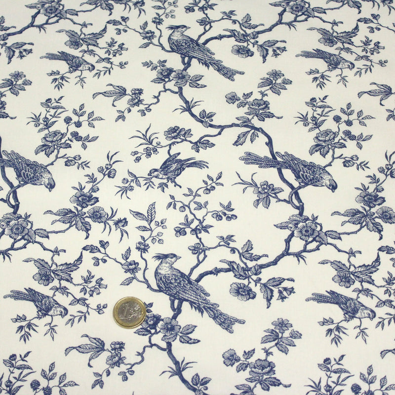 Tissu coton renforcé TOILE DE JOUY AUX MESANGES grande largeur 280cm : bleu, rouge, vert, gris - OEKO - TEX - TissusPapi.com