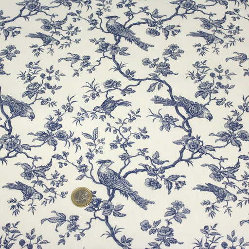 Tissu coton renforcé TOILE DE JOUY AUX MESANGES grande largeur 280cm : bleu, rouge, vert, gris - OEKO - TEX - TissusPapi.com