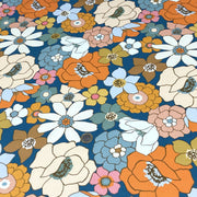Tissu gabardine de coton SUZANNE imprimé fleurs rétro : bleu, rouille, olive - OEKO - TEX STANDARD 100 - TissusPapi.com