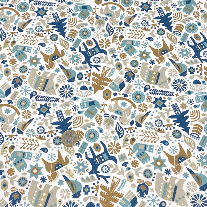 Tissu de coton de Noël scandinave aux motifs de Noël, tons bleus et ocres - Oeko-Tex - tissuspapi