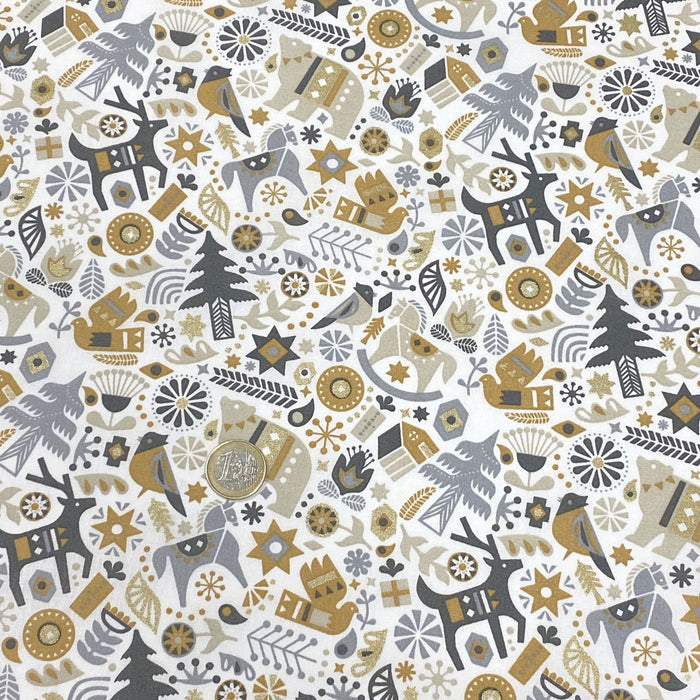 Tissu de coton de Noël scandinave aux motifs de Noël, tons gris clair et ocres - Oeko-Tex - tissuspapi