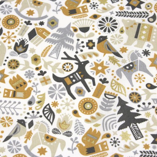 Tissu de coton de Noël scandinave aux motifs de Noël, tons gris clair et ocres - Oeko-Tex - tissuspapi