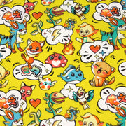 Tissu cotonnade KAWAII aux animaux souriants, fond jaune - OEKO - TEX - TissusPapi.com