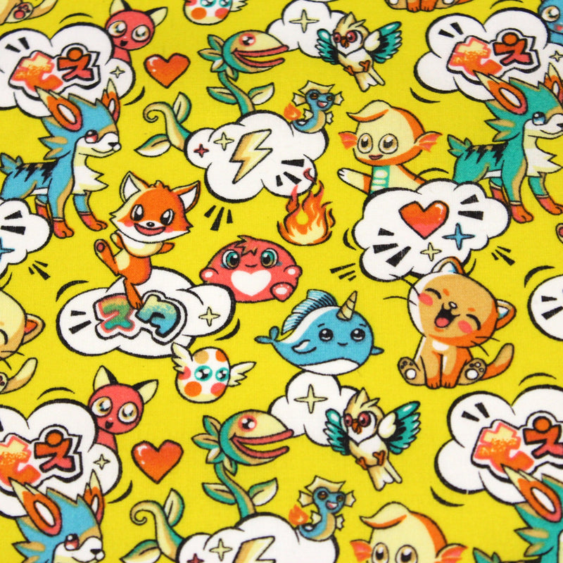 Tissu cotonnade KAWAII aux animaux souriants, fond jaune - OEKO - TEX - TissusPapi.com