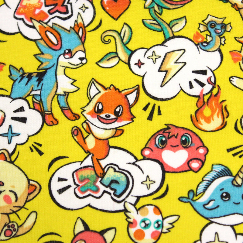 Tissu cotonnade KAWAII aux animaux souriants, fond jaune - OEKO - TEX - TissusPapi.com