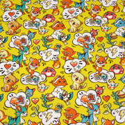 Tissu cotonnade KAWAII aux animaux souriants, fond jaune - OEKO - TEX - TissusPapi.com