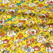 Tissu cotonnade KAWAII aux animaux souriants, fond jaune - OEKO - TEX - TissusPapi.com