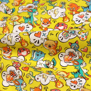 Tissu cotonnade KAWAII aux animaux souriants, fond jaune - OEKO - TEX - TissusPapi.com