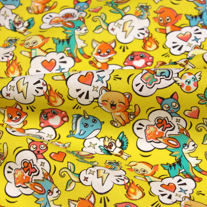 Tissu cotonnade KAWAII aux animaux souriants, fond jaune - OEKO - TEX - TissusPapi.com