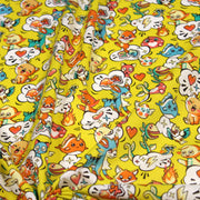 Tissu cotonnade KAWAII aux animaux souriants, fond jaune - OEKO - TEX - TissusPapi.com