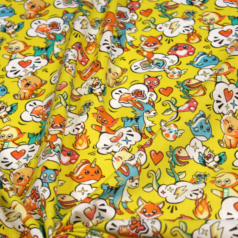 Tissu cotonnade KAWAII aux animaux souriants, fond jaune - OEKO - TEX - TissusPapi.com