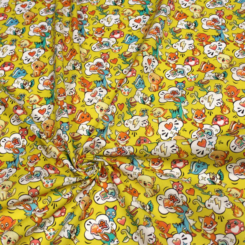 Tissu cotonnade KAWAII aux animaux souriants, fond jaune - OEKO - TEX - TissusPapi.com