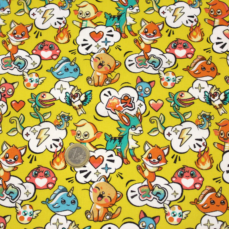 Tissu cotonnade KAWAII aux animaux souriants, fond jaune - OEKO - TEX - TissusPapi.com