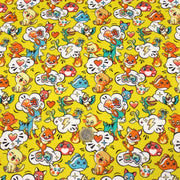 Tissu cotonnade KAWAII aux animaux souriants, fond jaune - OEKO - TEX - TissusPapi.com
