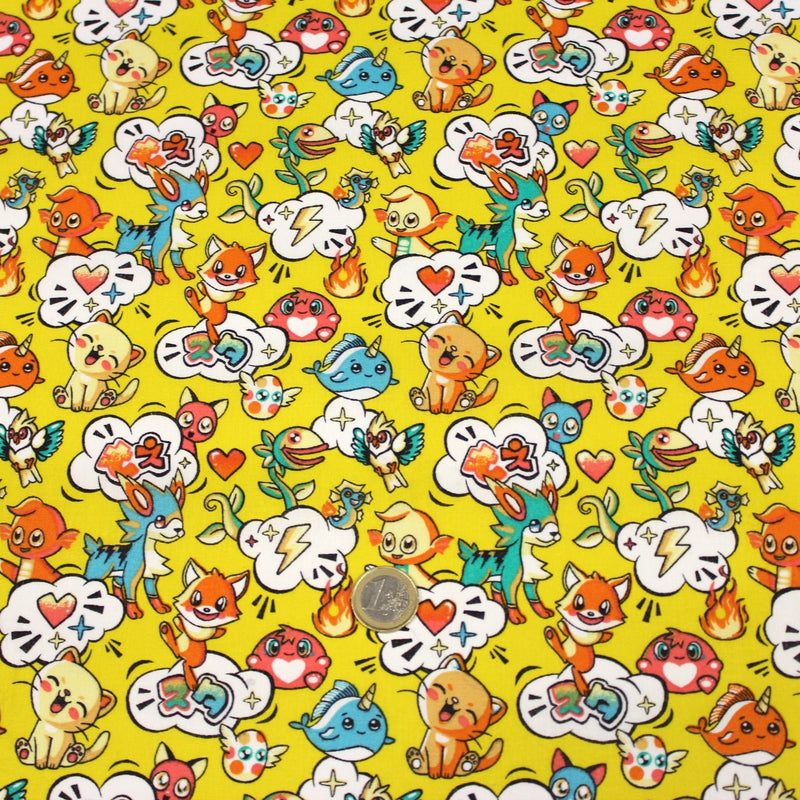 Tissu cotonnade KAWAII aux animaux souriants, fond jaune - OEKO - TEX - TissusPapi.com